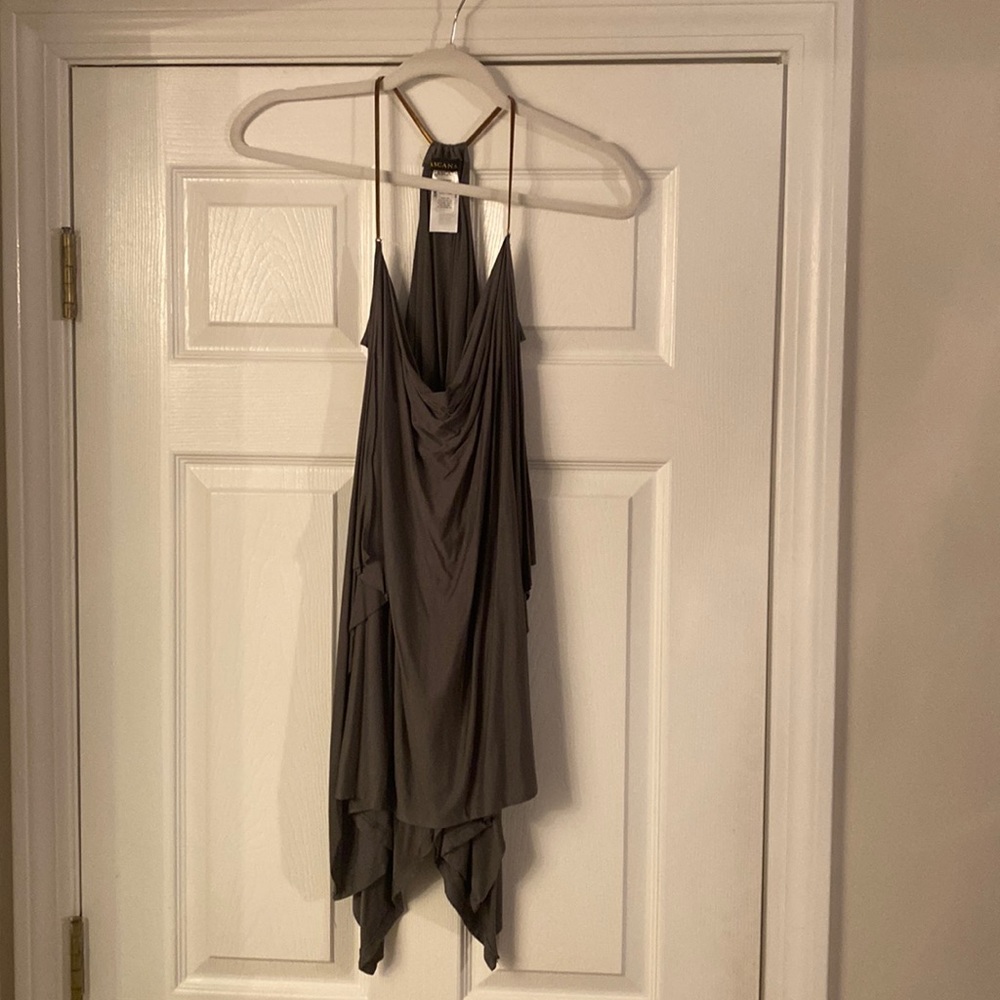 Lascana summer top.Olive green with gold metal straps.Low cut, drapy. Size 8/10